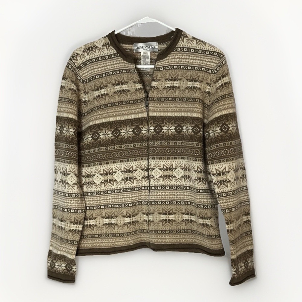 Vintage Jones Wear Sport Fair Isle Nordic Zip Sweater Lambswool Angora Womens L
